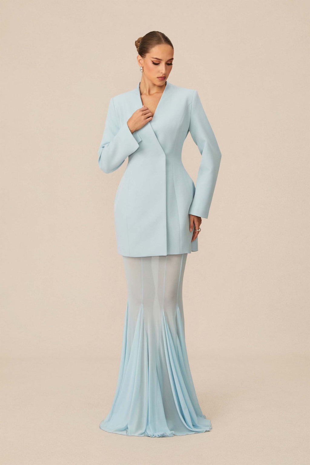 Myra Asymmetric Tailored Blazer & Sheer Mesh Skirt Set