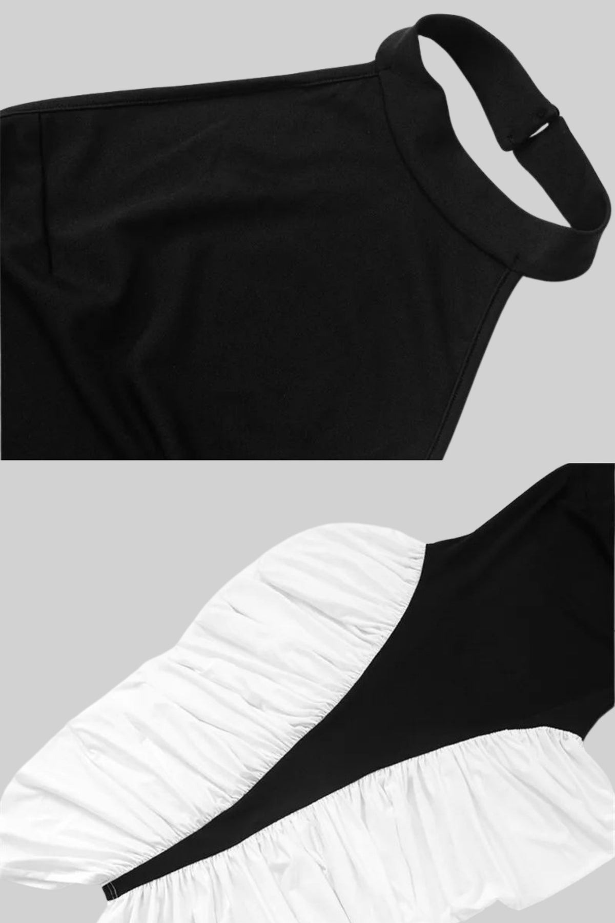 TWO-TONE RUCHED HALTER MIDI DRESS – BLACK & WHITE