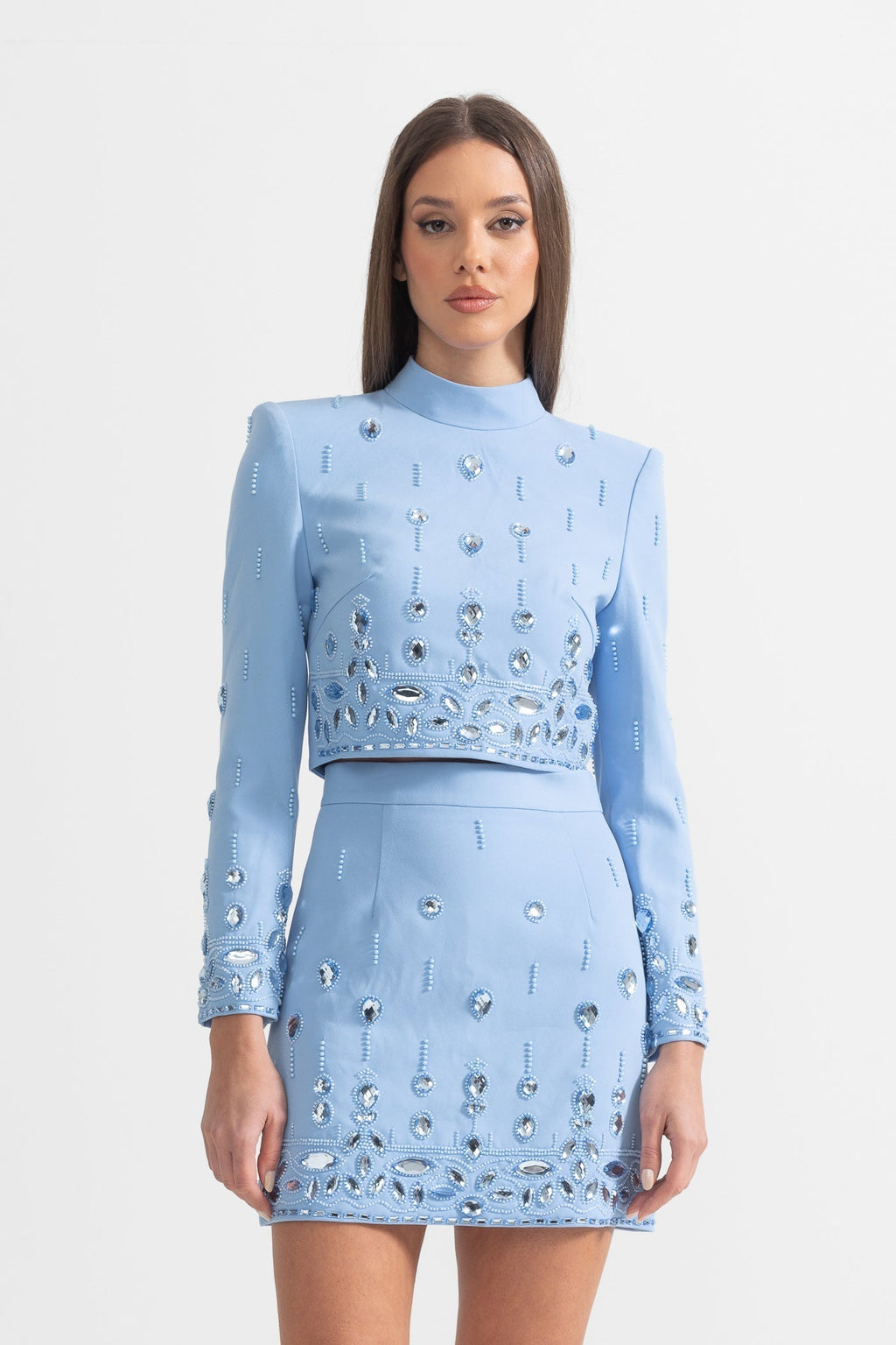 Beaded Biamond Cropped Top And skirt Suit