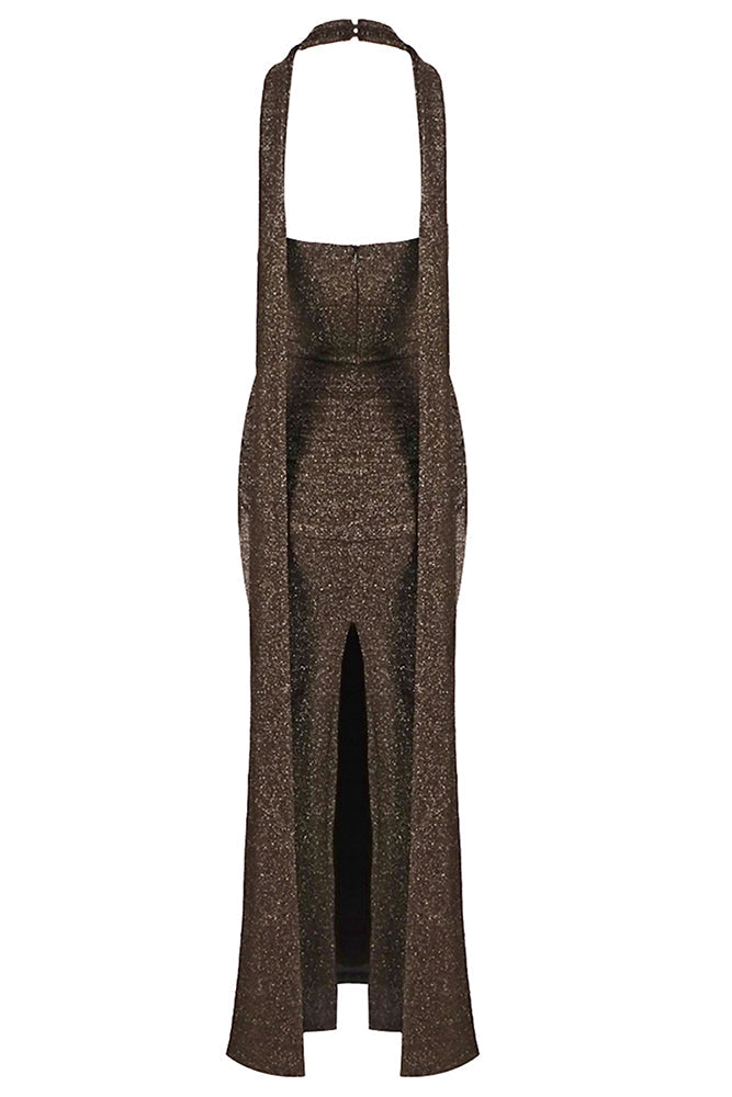 Halter Sparkly Maxi Dress Brown