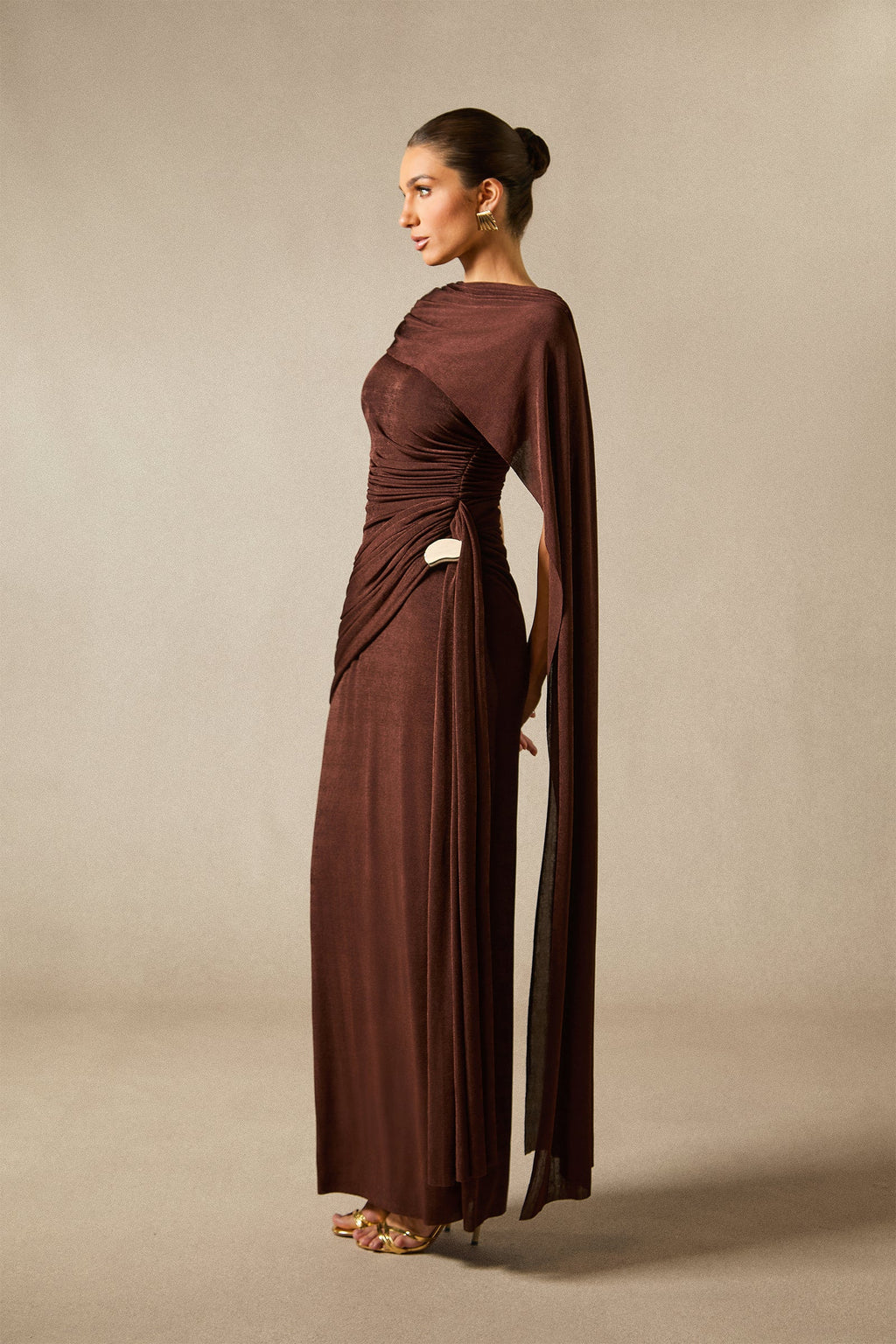 Aubrie One Shoulder Draped Cape Long Dress