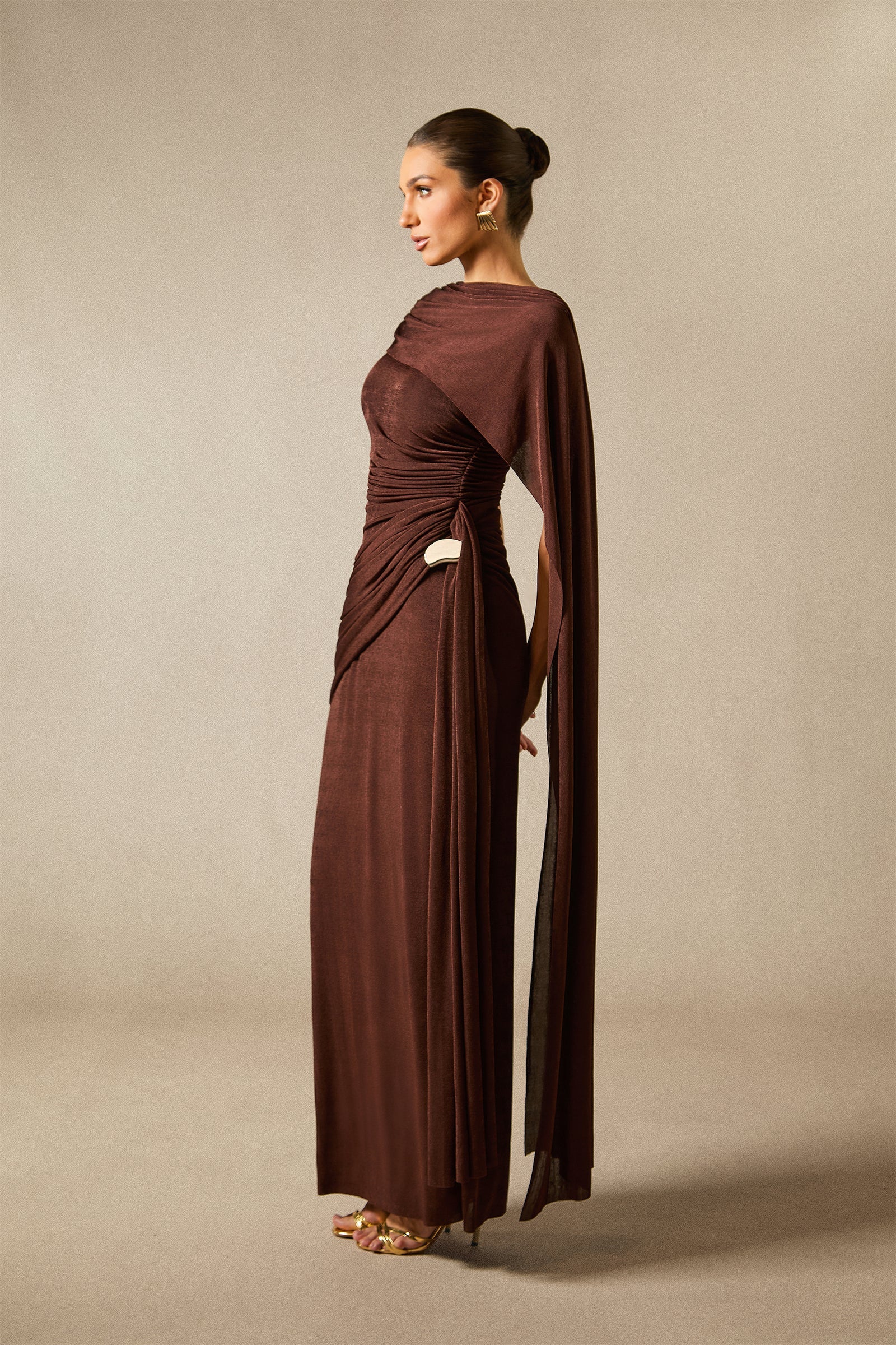 Aubrie One Shoulder Draped Cape Long Dress