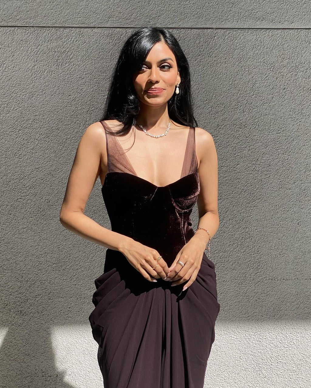 Velvet Bustier Draped Maxi Dress Brown