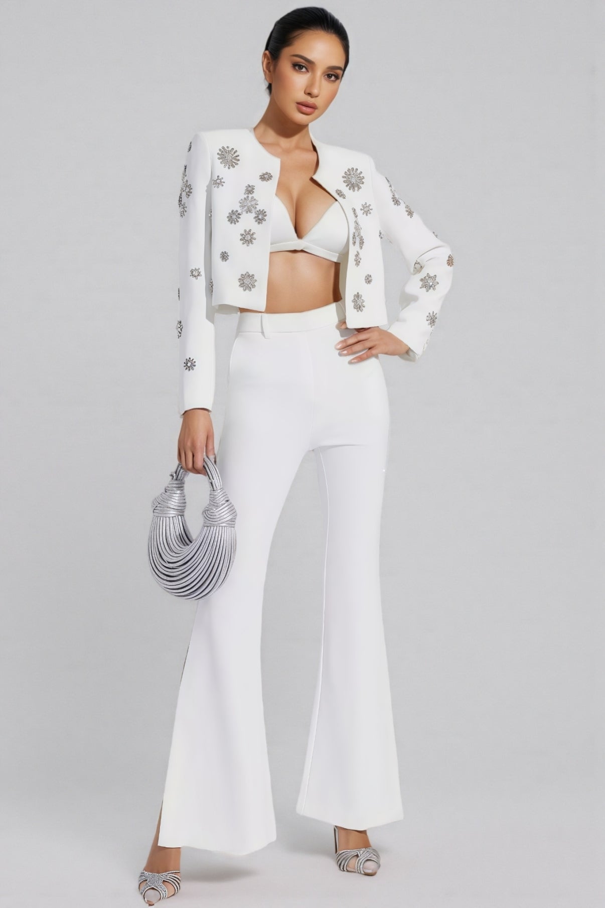 EMBELLISHED BEADED JACKET SET IN WHITE