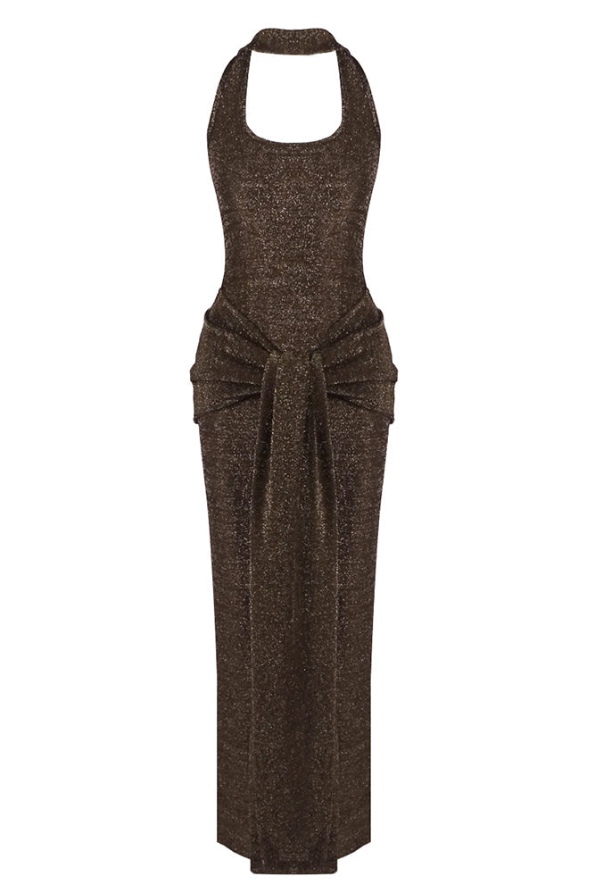 Halter Sparkly Maxi Dress Brown