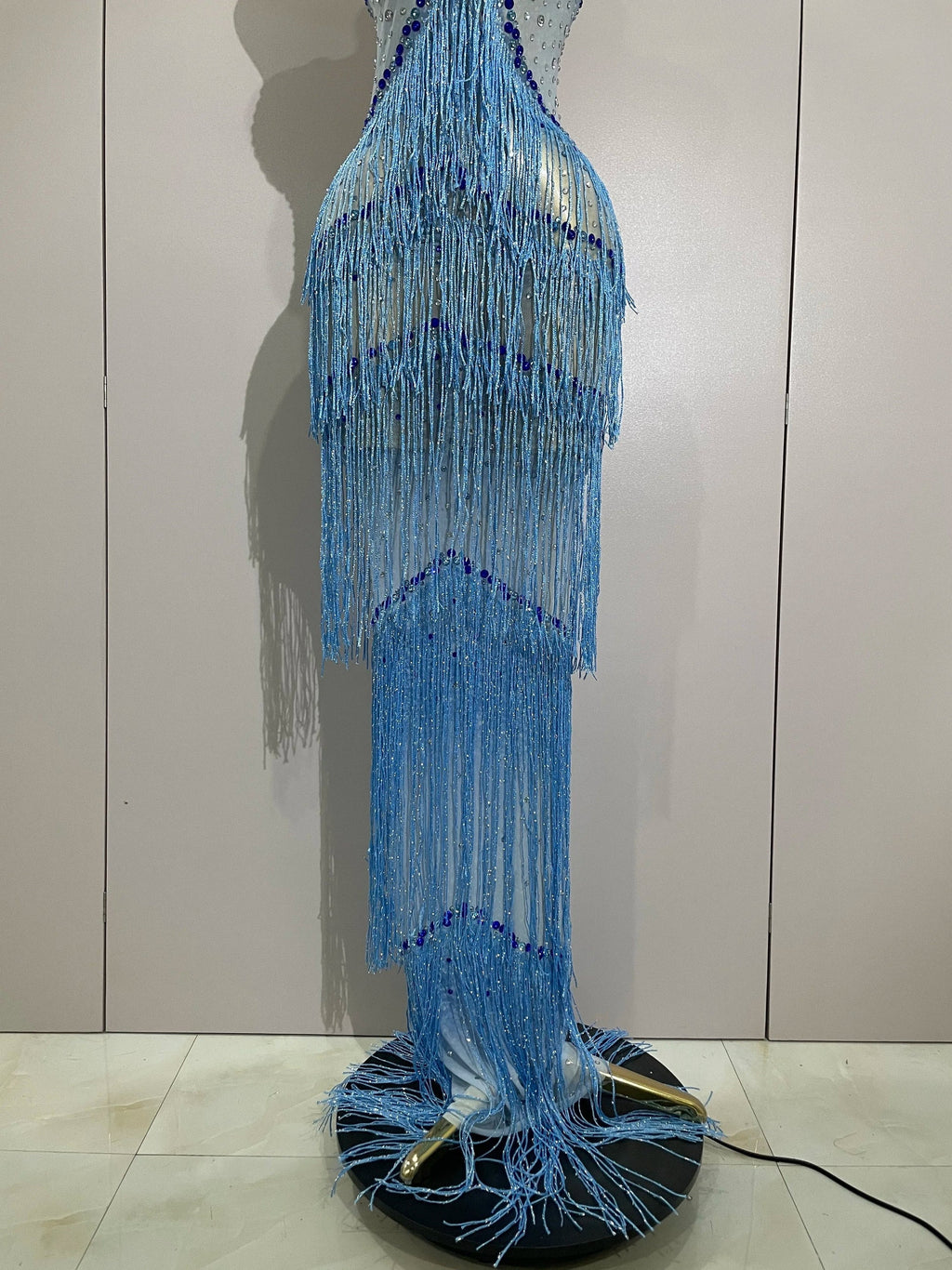 Sparkly Rhinestones Tassel sexy Mesh Slip Long Dress