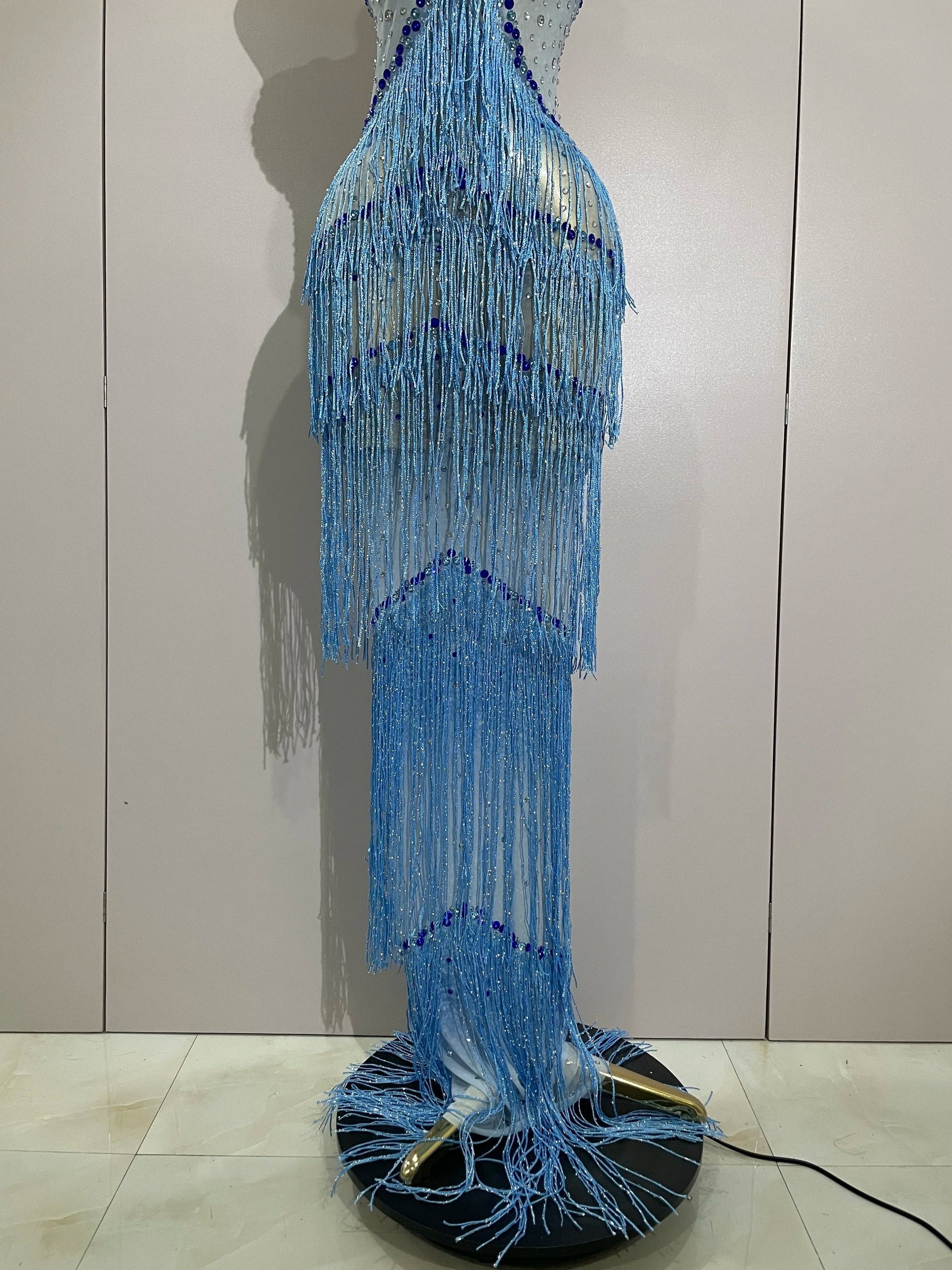 Sparkly Rhinestones Tassel sexy Mesh Slip Long Dress