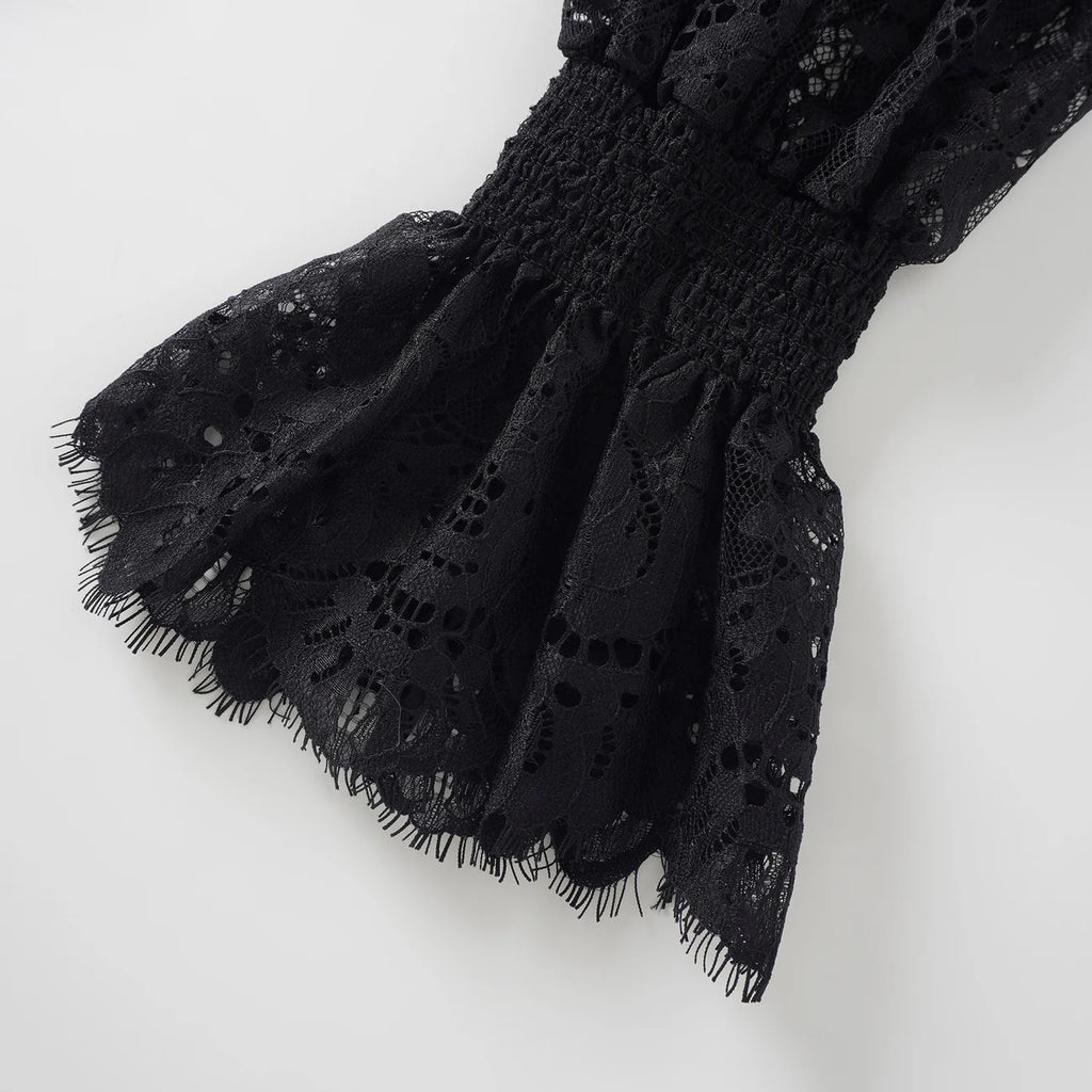 Quintine Black Ribbon Tie-Neck Floral Lace Blouse