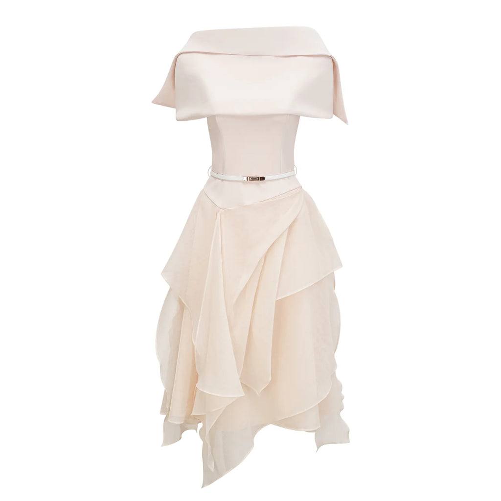 Aria White Asymmetrical Shawl & Tulle Panel Dress Set