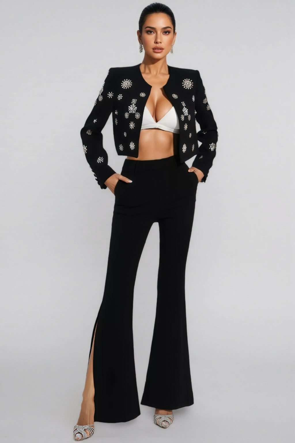EMBELLISHED BEADED JACKET SET IN WHITE