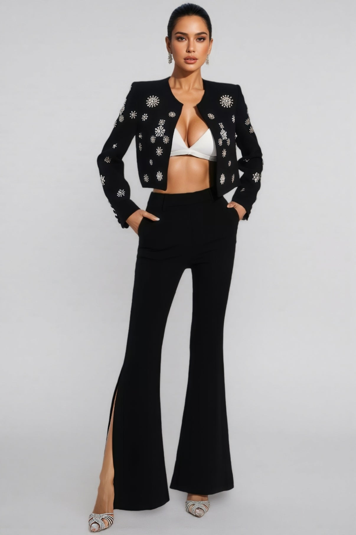 EMBELLISHED BEADED JACKET SET IN WHITE