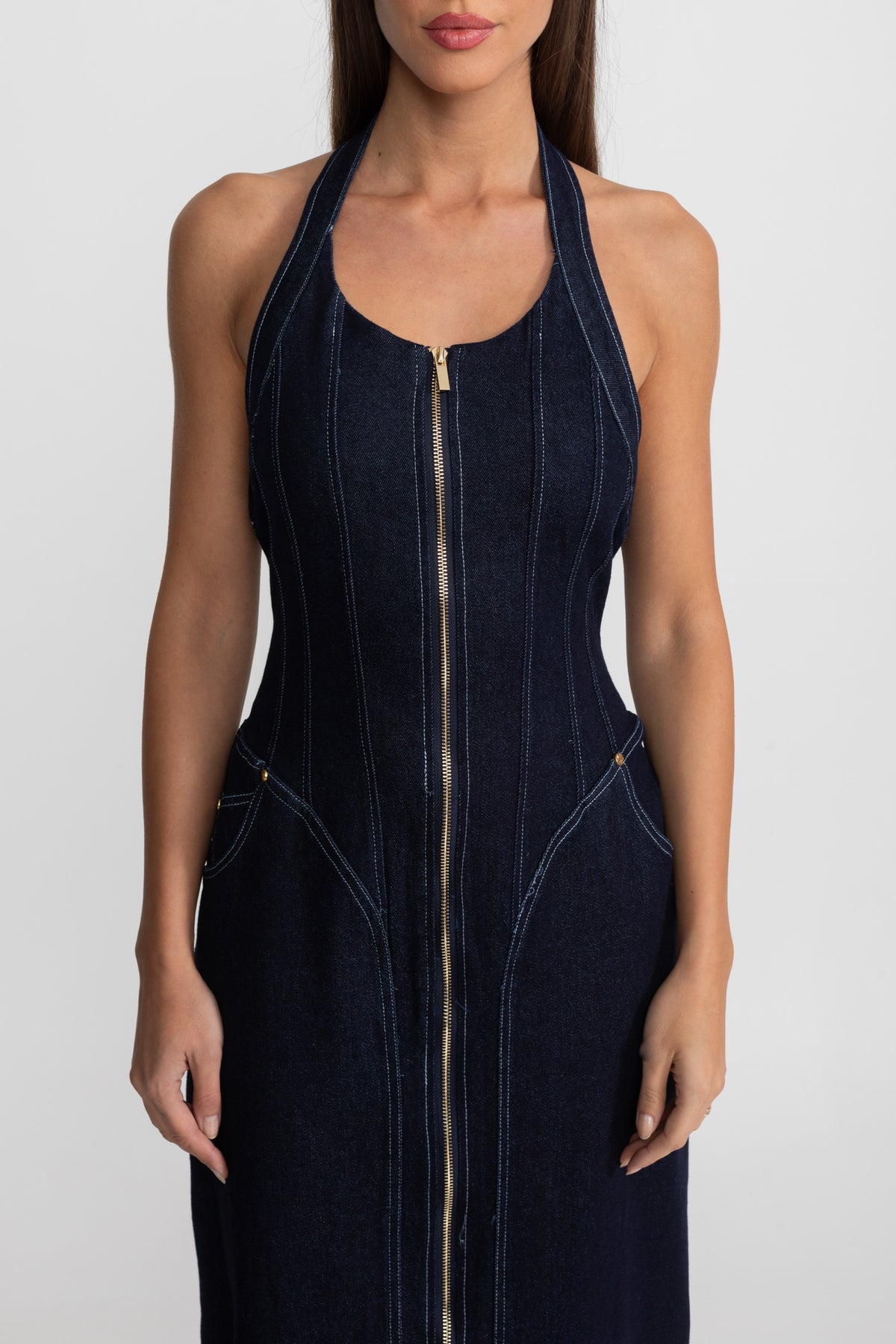 DENIM HALTER DRESS WITH FRONT ZIP CLOSURE - DARK INDIGO
