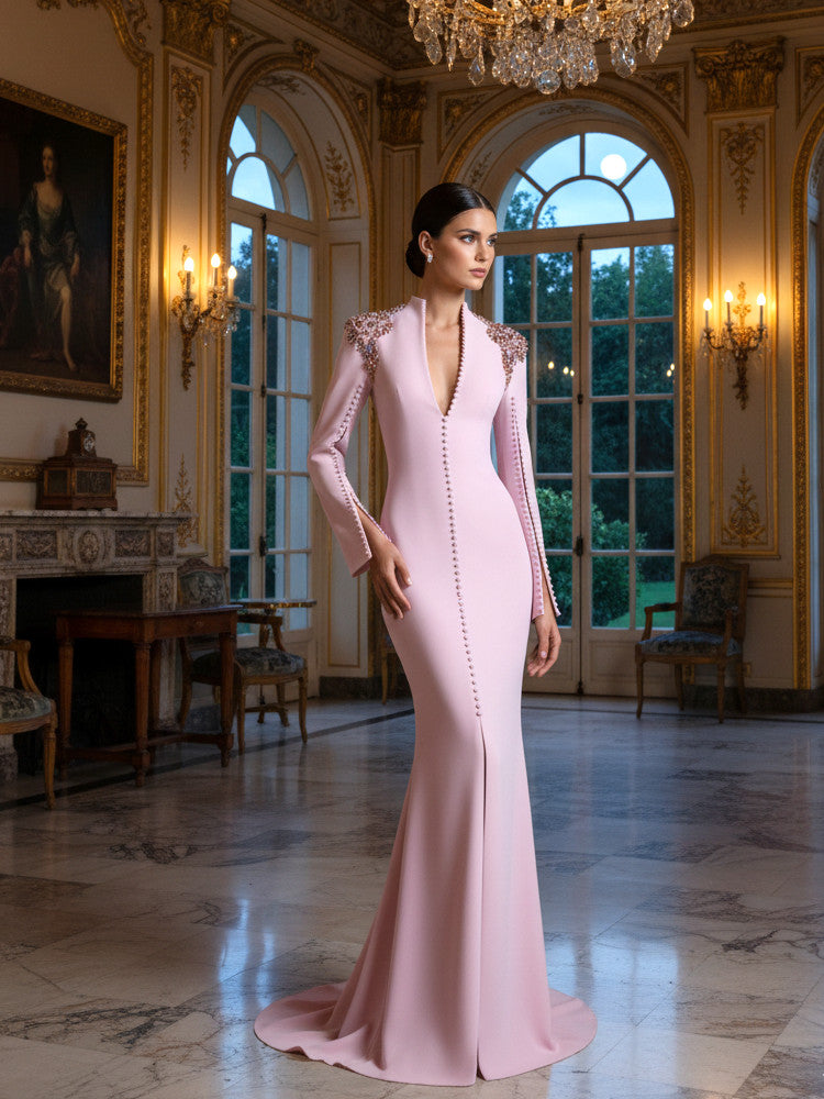 Long Sleeve Crystal Shoulders A Line Maxi Dress Pink