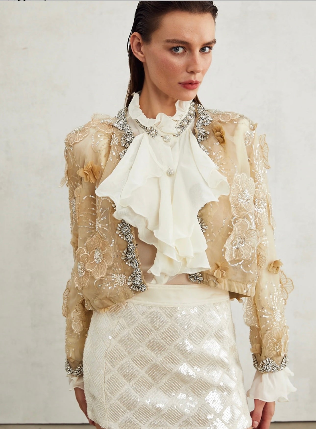 Liane semi-sheer flower beaded organza light luxury jacket