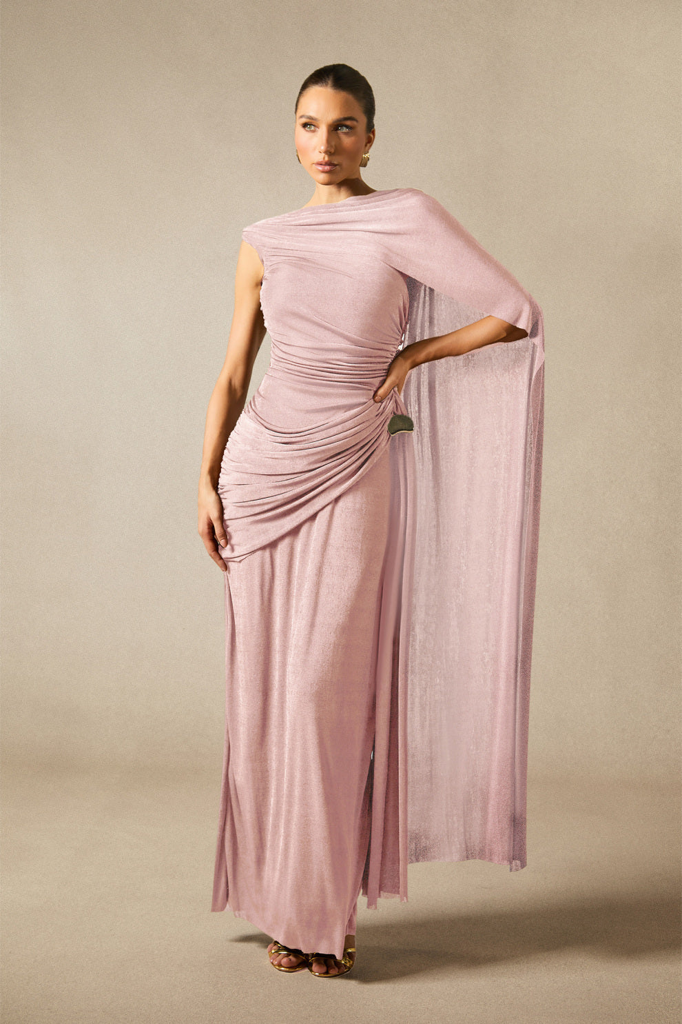 Aubrie One Shoulder Draped Cape Long Dress
