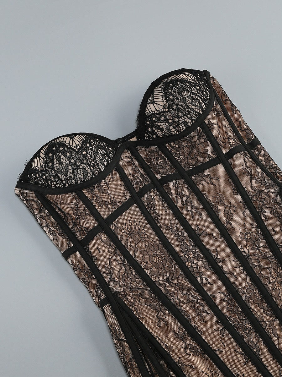 Strapless Lace Insert Maxi Dress Black