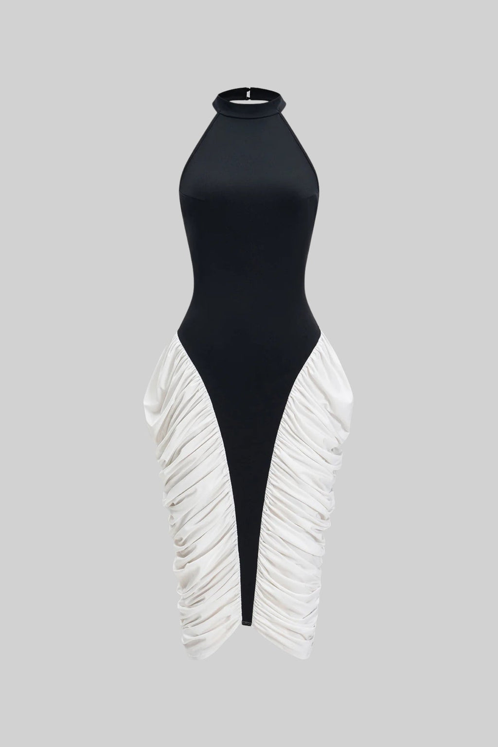 TWO-TONE RUCHED HALTER MIDI DRESS – BLACK & WHITE
