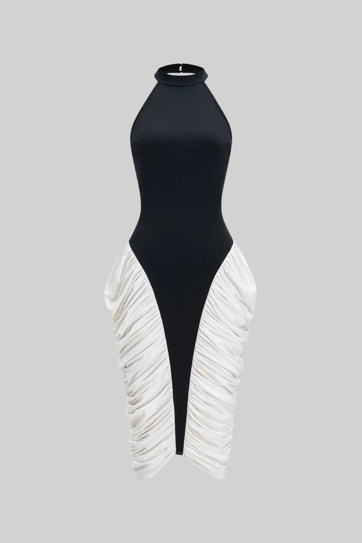 TWO-TONE RUCHED HALTER MIDI DRESS – BLACK & WHITE