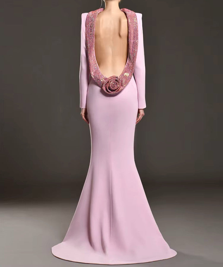 Long Sleeve Backless Crystal Flower Maxi Dress Lavender