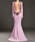 Long Sleeve Backless Crystal Flower Maxi Dress Lavender