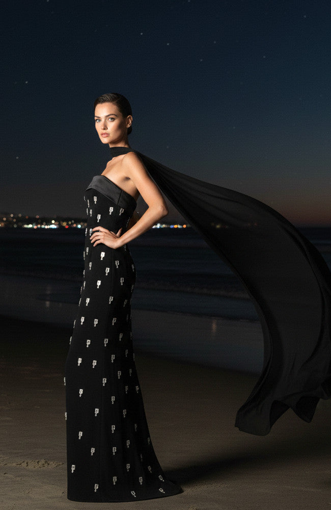 Strapless Crystal Detail Scarf Maxi Dress Black
