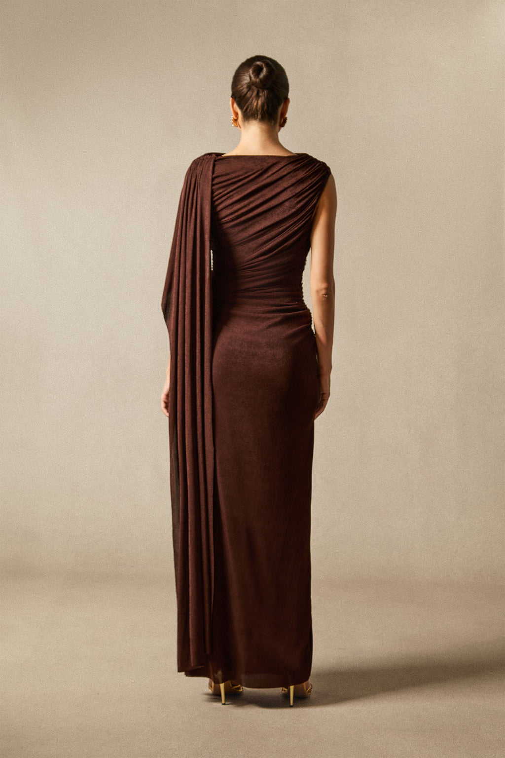Aubrie One Shoulder Draped Cape Long Dress