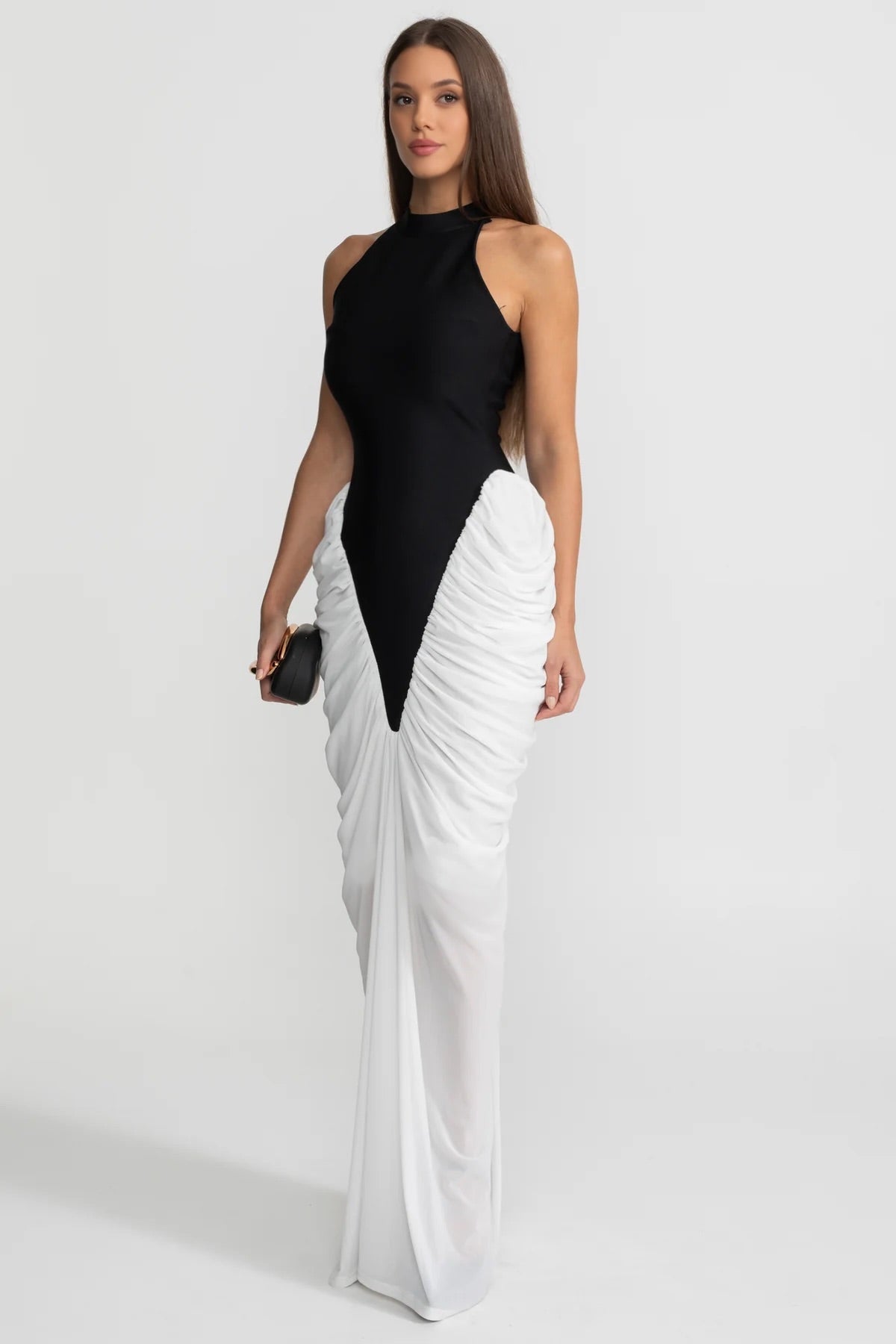 HALTER MAXI DRESS WITH CONTRASTING RUCHED PANELING - BLACK/WHITE