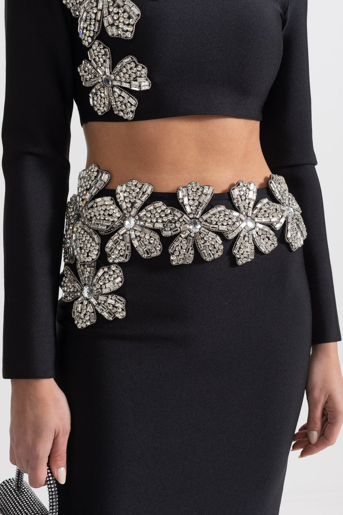 Black Diamond Flower Accent 2 Piece Set With Long Sleeves Top And Maxi Skirt