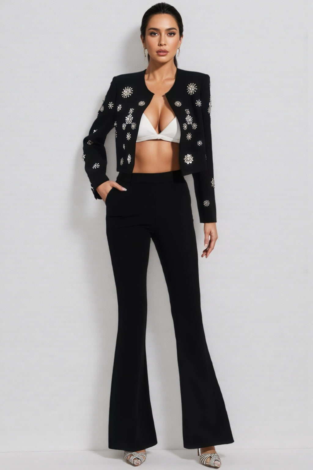 EMBELLISHED BEADED JACKET SET IN WHITE