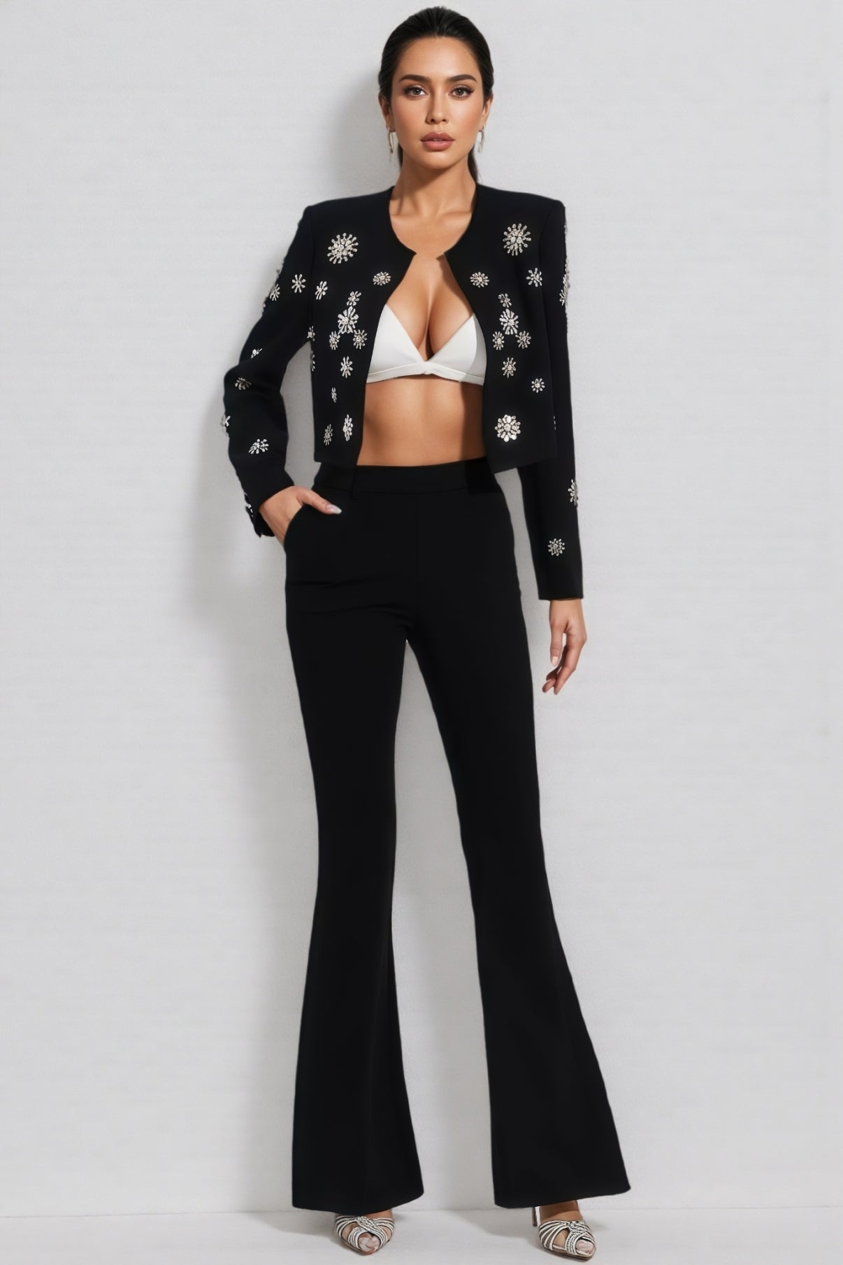 EMBELLISHED BEADED JACKET SET IN WHITE