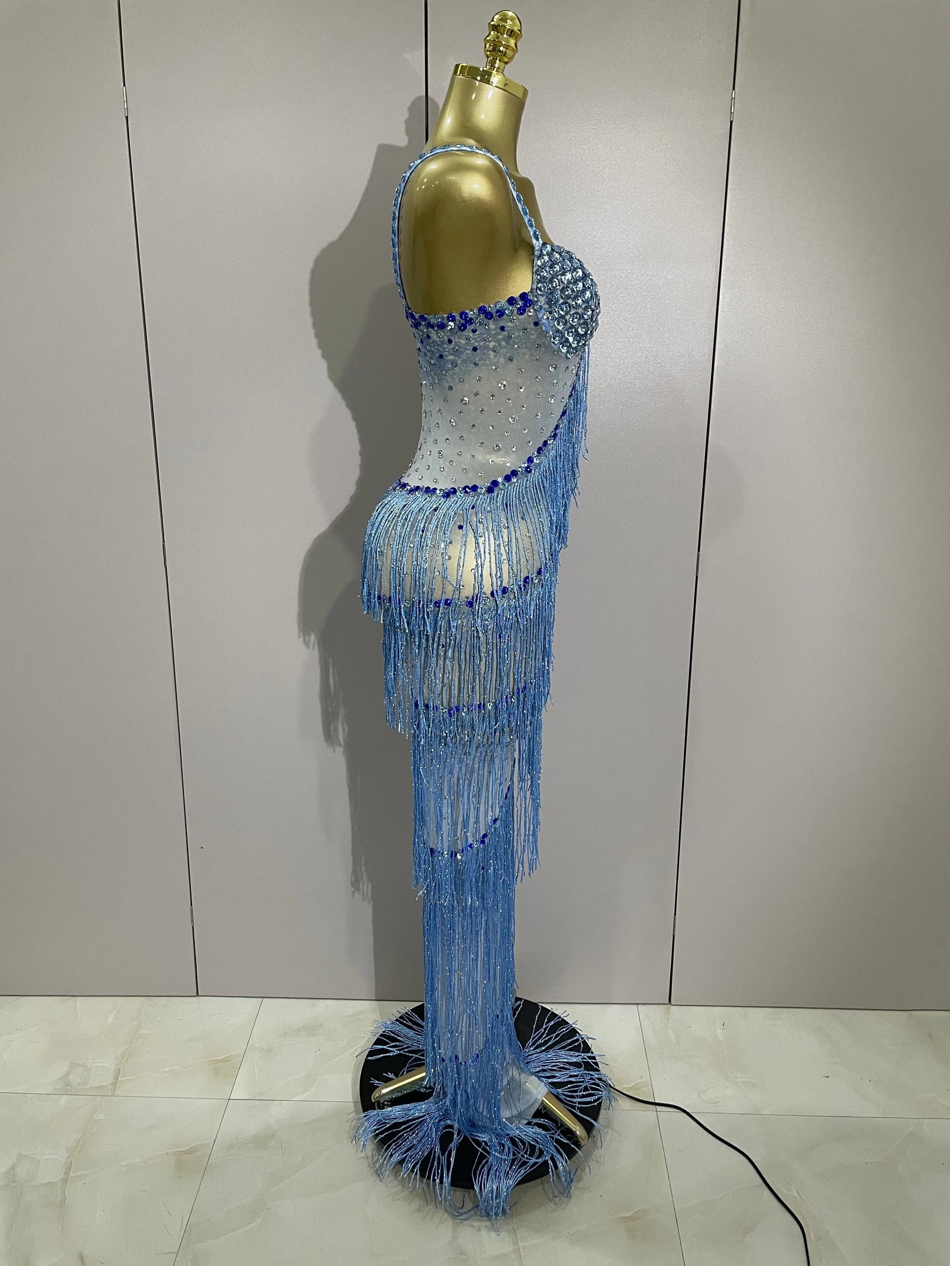 Sparkly Rhinestones Tassel sexy Mesh Slip Long Dress