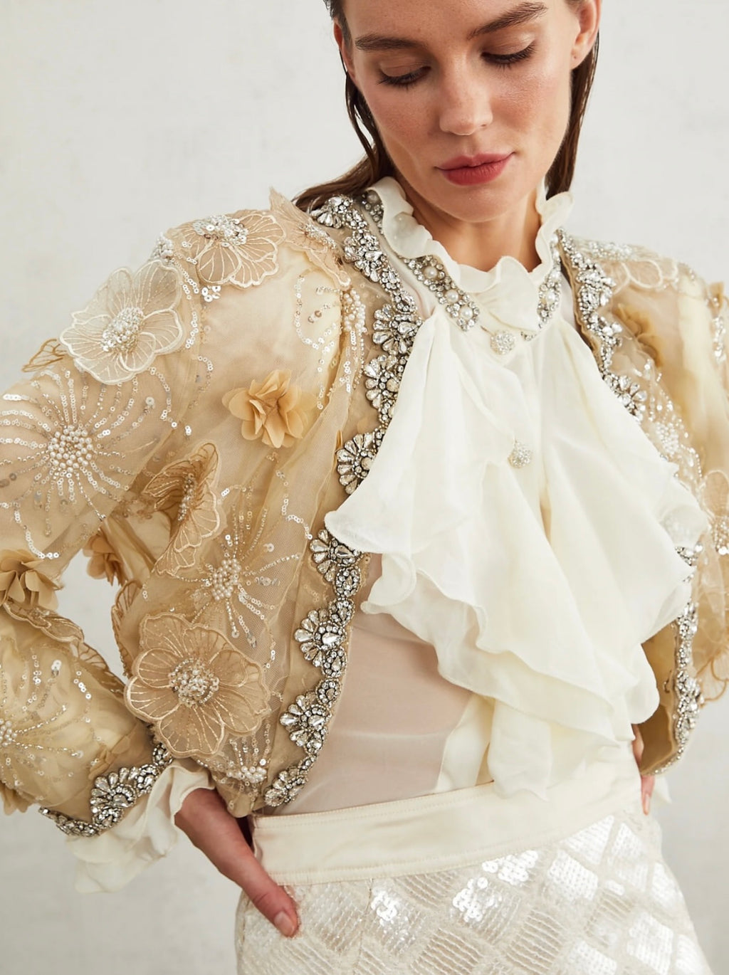 Liane semi-sheer flower beaded organza light luxury jacket