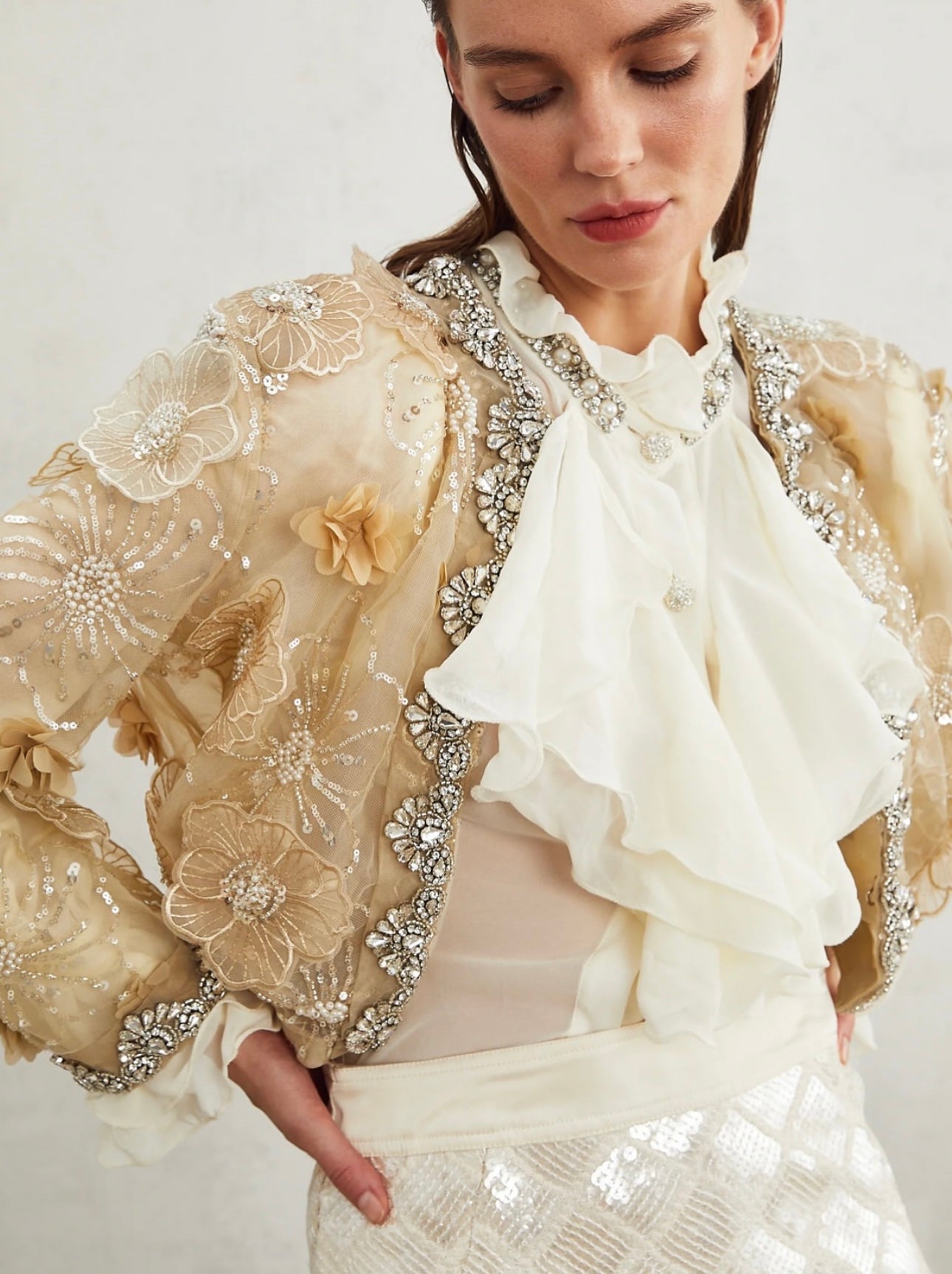 Liane semi-sheer flower beaded organza light luxury jacket