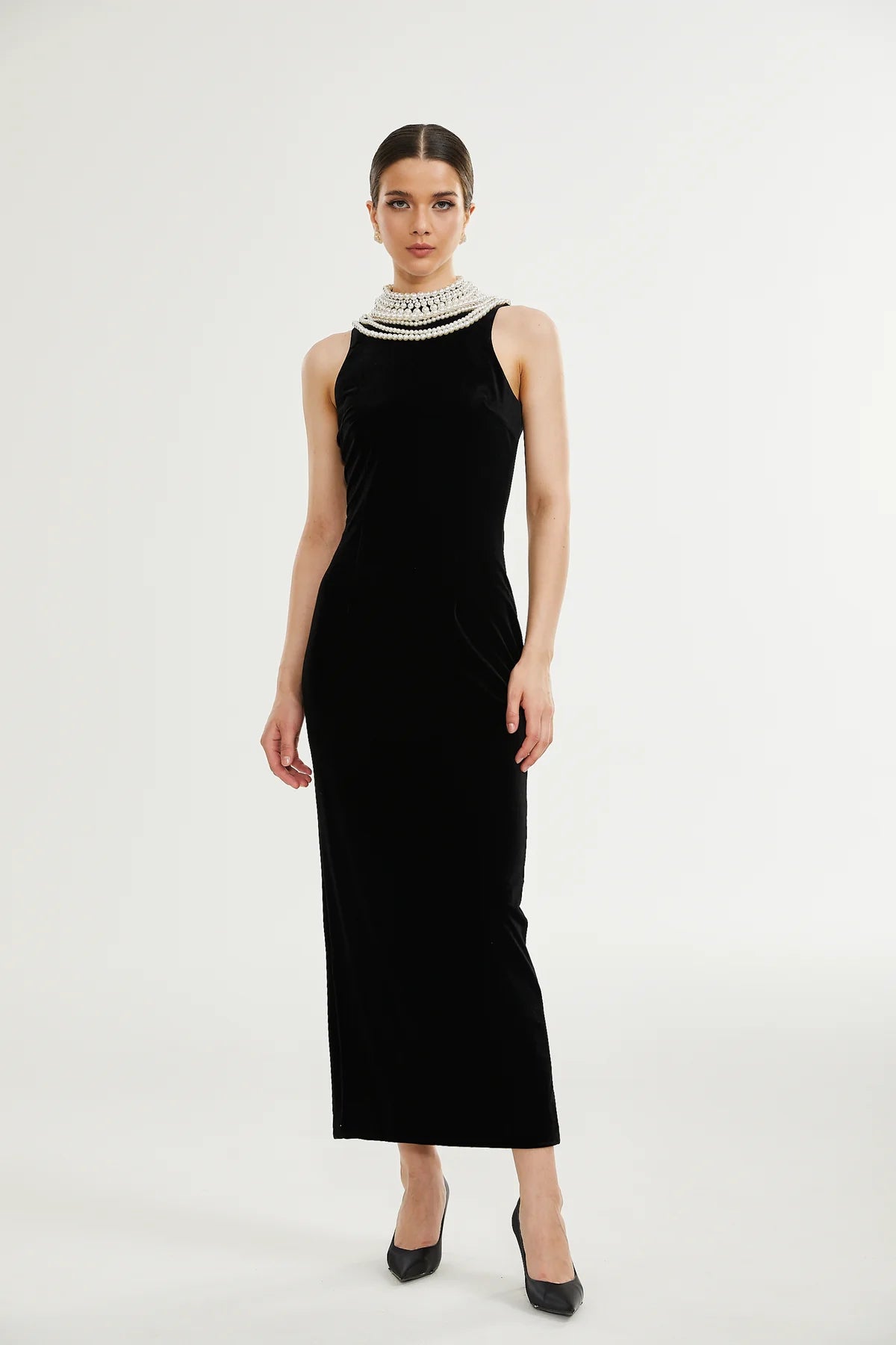 Lucena faux pearl-embellished velvet dress