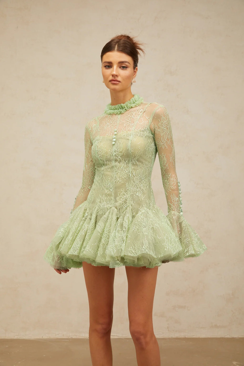 Mélodie green embroidered flared mini dress