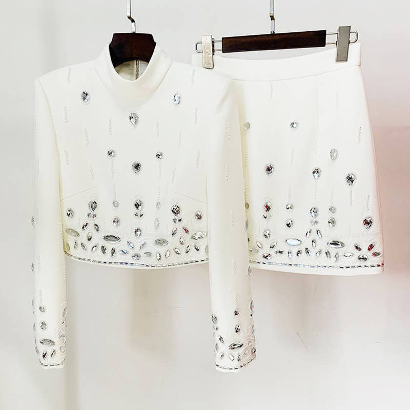 Beaded Biamond Cropped Top And skirt Suit