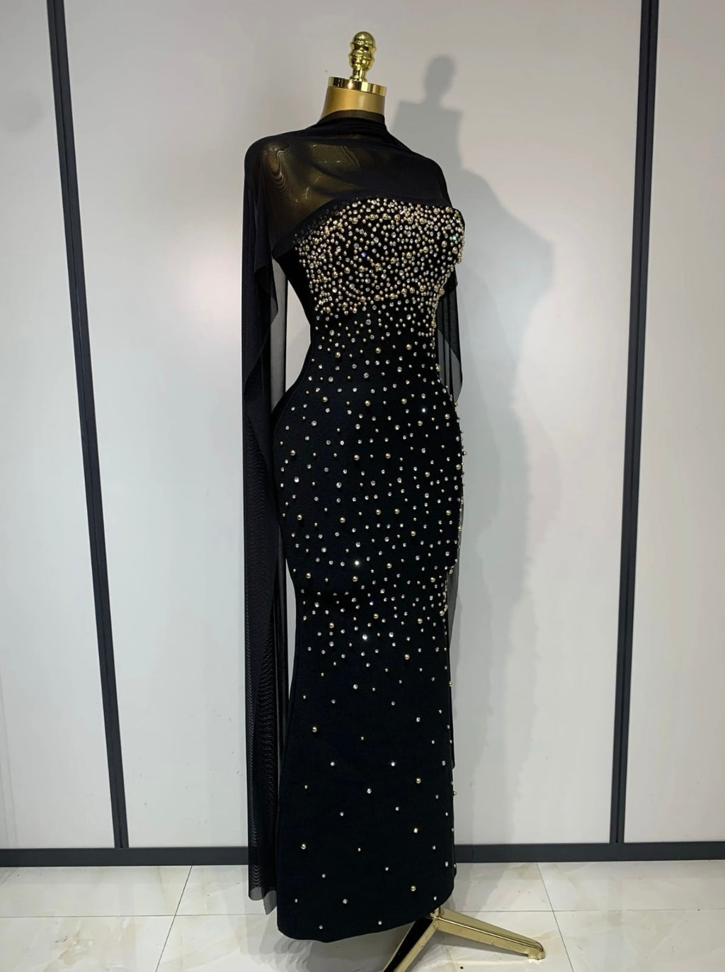 Bandage black dress with crystal and gold embroidery and a chiffon neck scarf