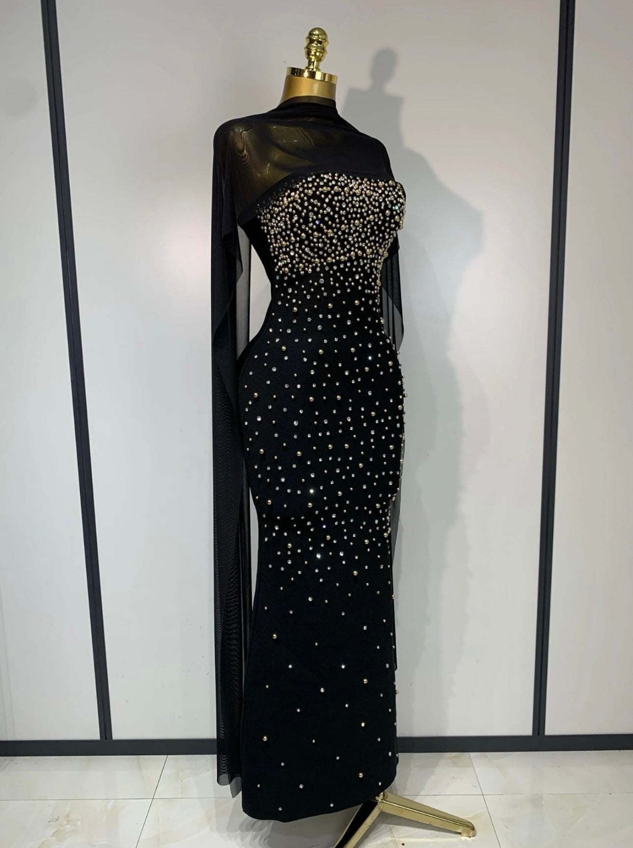 Bandage black dress with crystal and gold embroidery and a chiffon neck scarf
