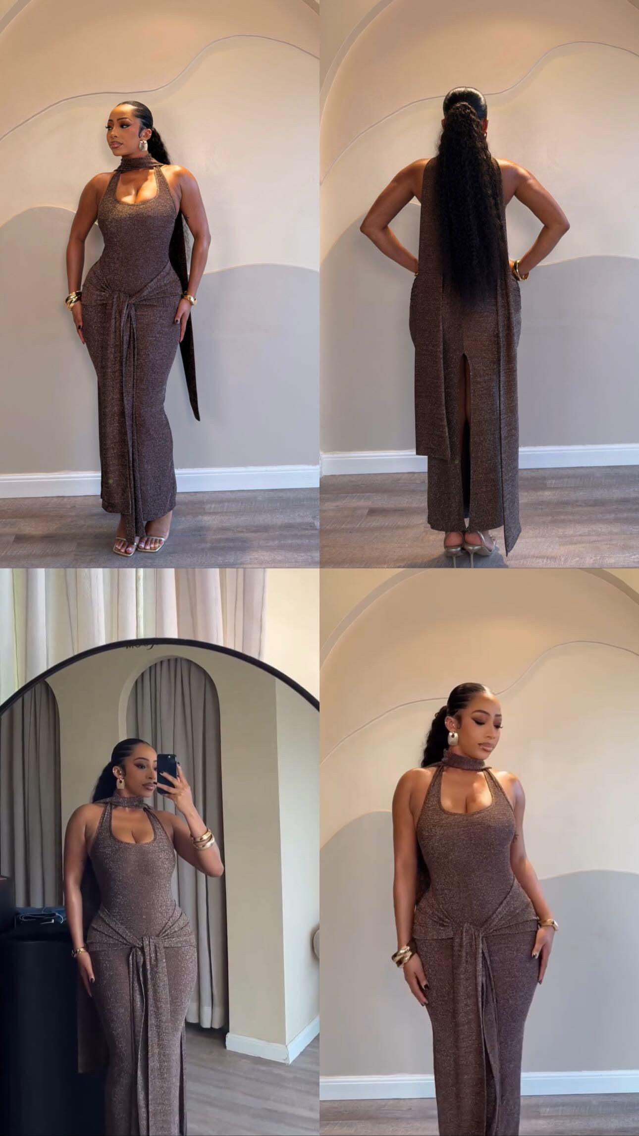 Halter Sparkly Maxi Dress Brown