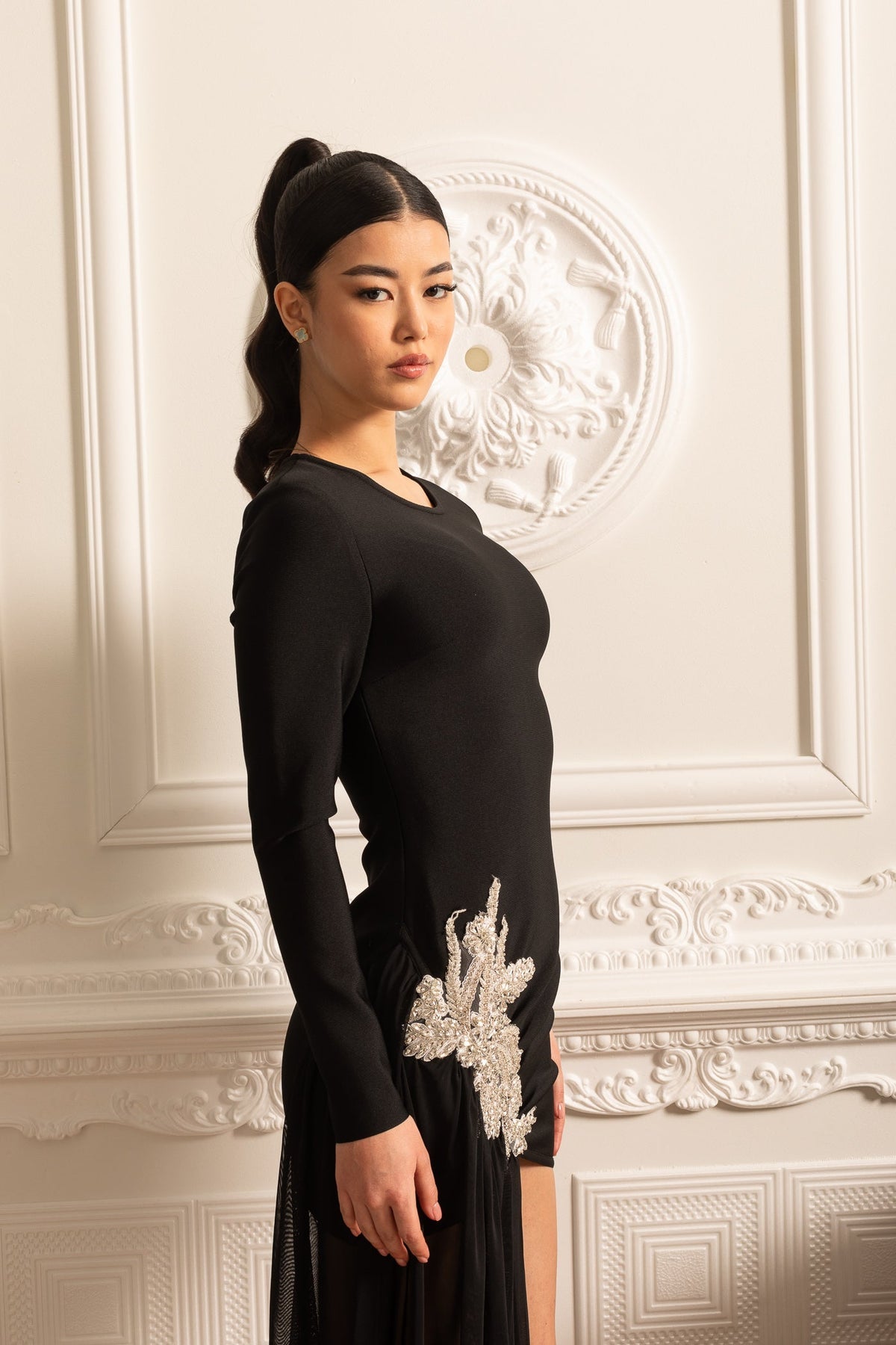 ASYMMETRICAL FITTED DRESS WITH WHITE HIP EMBELLISHMENTS AND SHEER FLOOR-LENGTH EXTENSION - BLACK