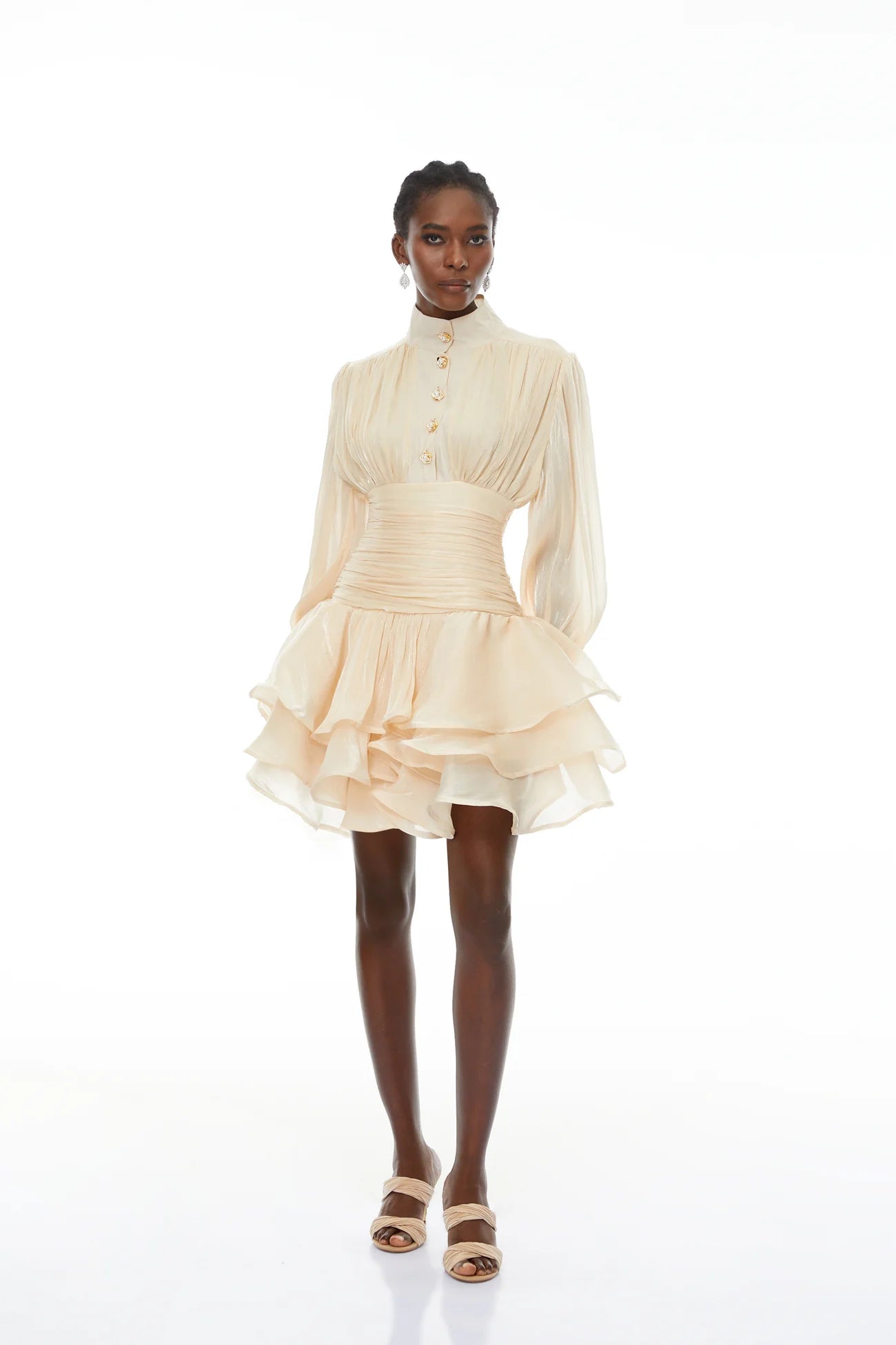 Emersyn Neutrals High-Neck Ruffled Detail Mini Dress
