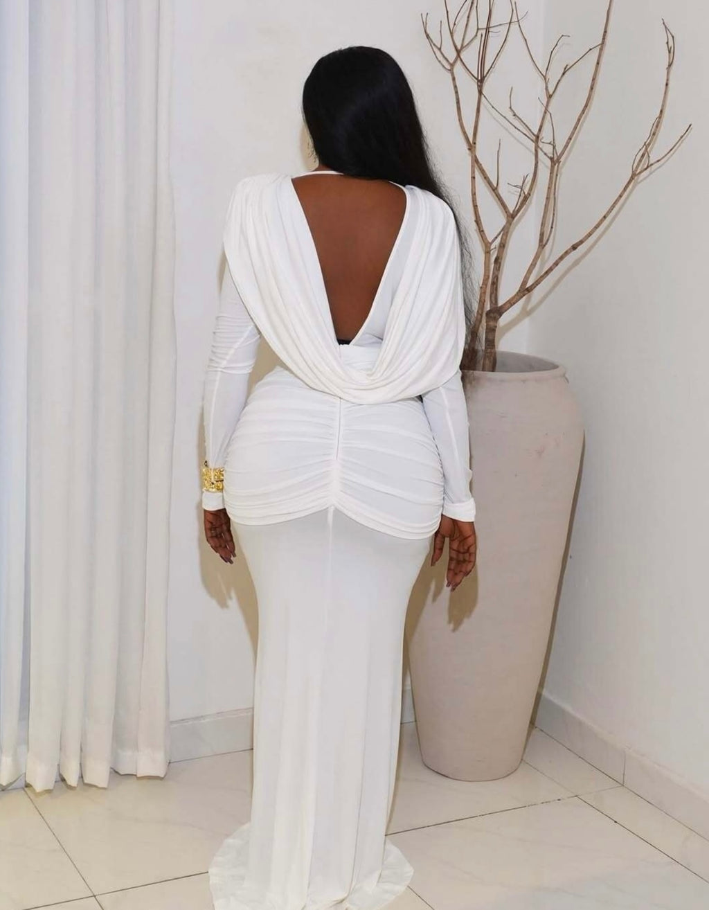 Cowl Neck Long Sleeve Draped Gown