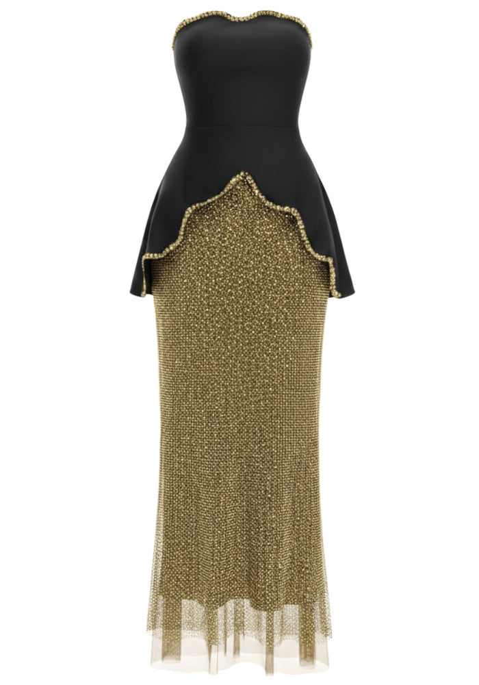 Strapless Crystal Trim Peplum Maxi Dress Gold