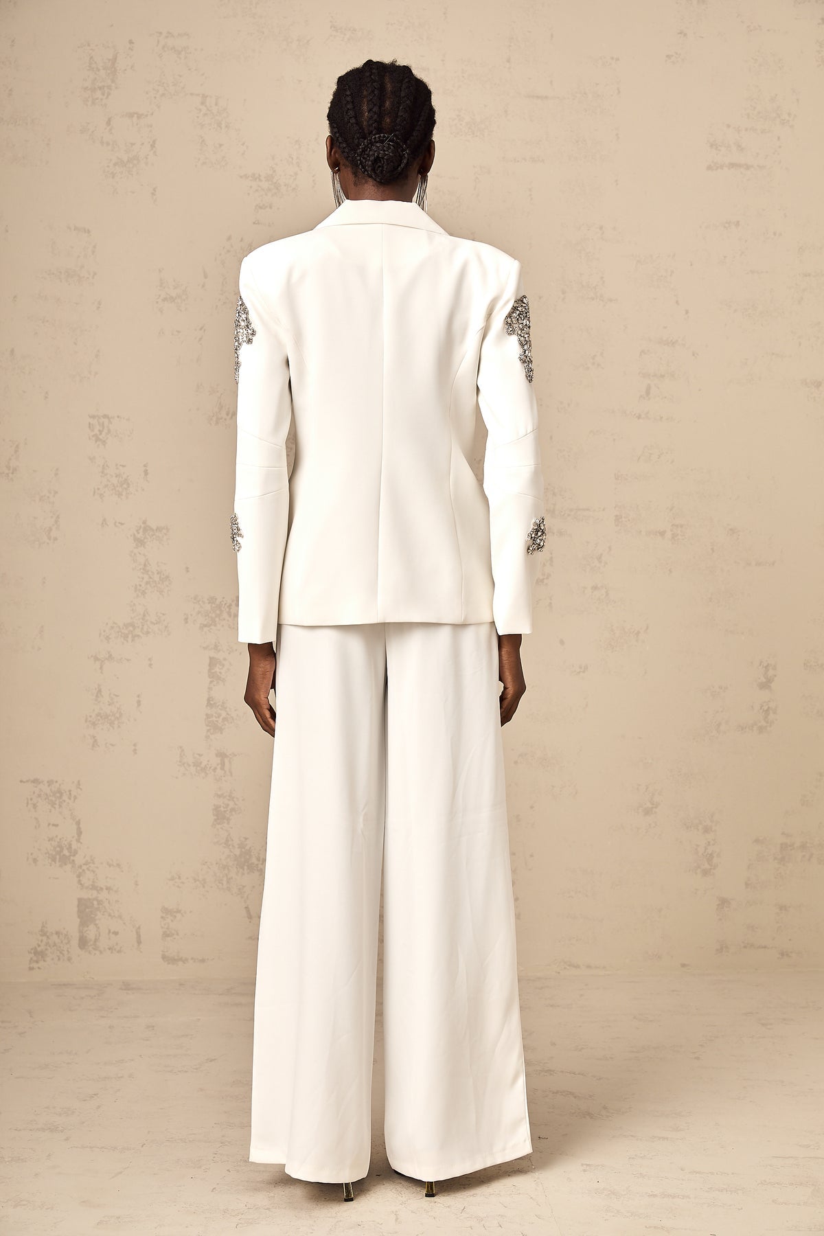 Edvige white crystal-embellished blazer & trousers matching set