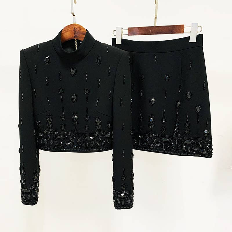 Beaded Biamond Cropped Top And skirt Suit