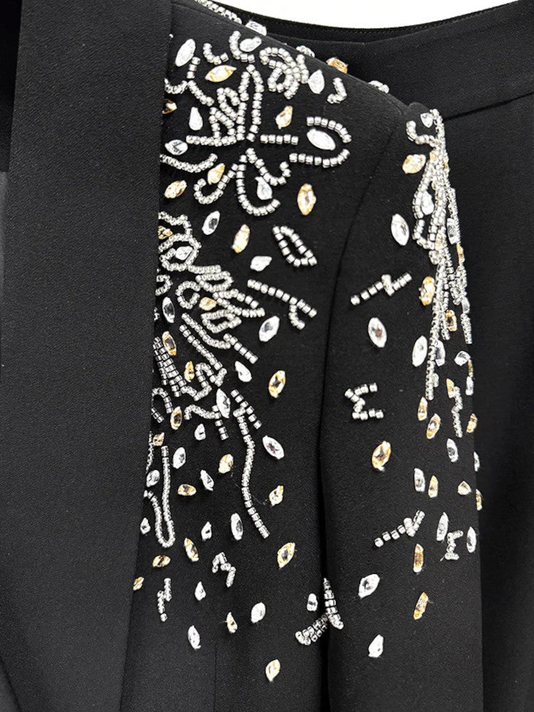 Long Sleeve Crystal Shoulders Suit Black