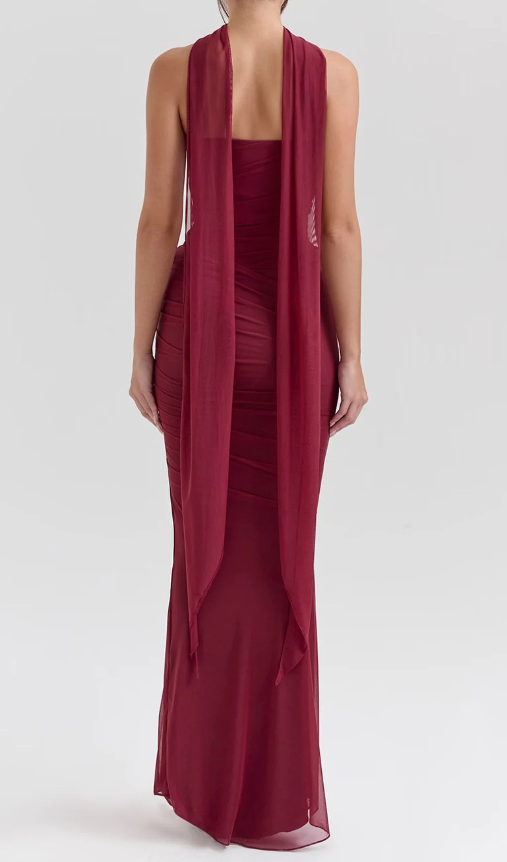 Barbie Wine Corset Top Fluted Hem Maxi Dress