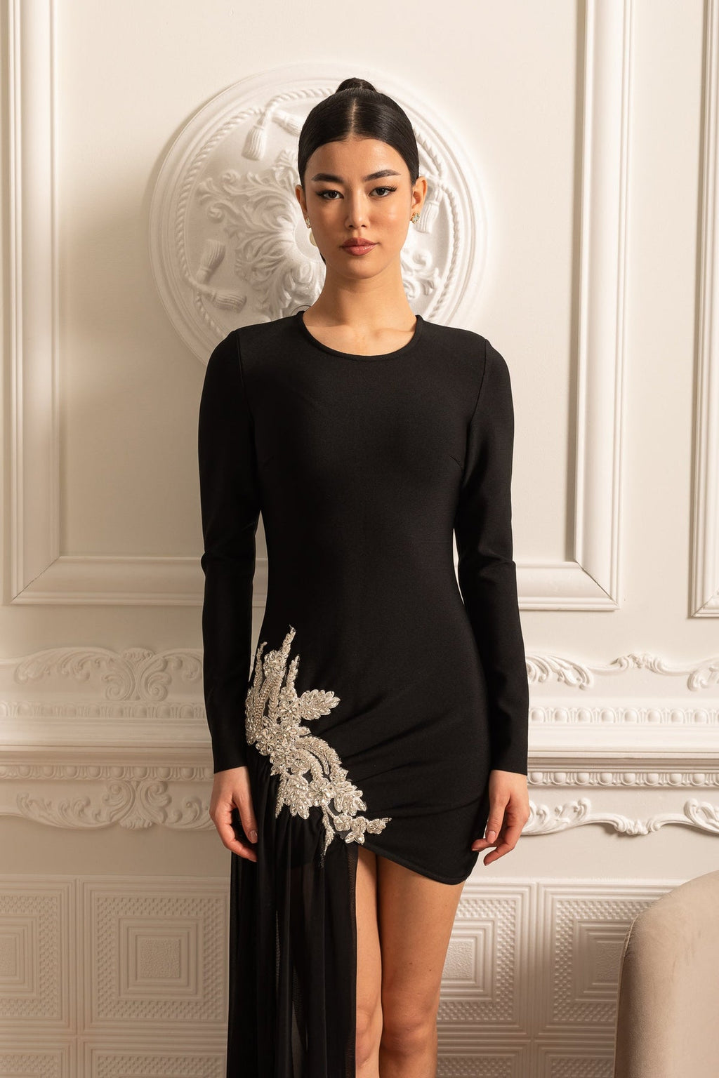 ASYMMETRICAL FITTED DRESS WITH WHITE HIP EMBELLISHMENTS AND SHEER FLOOR-LENGTH EXTENSION - BLACK