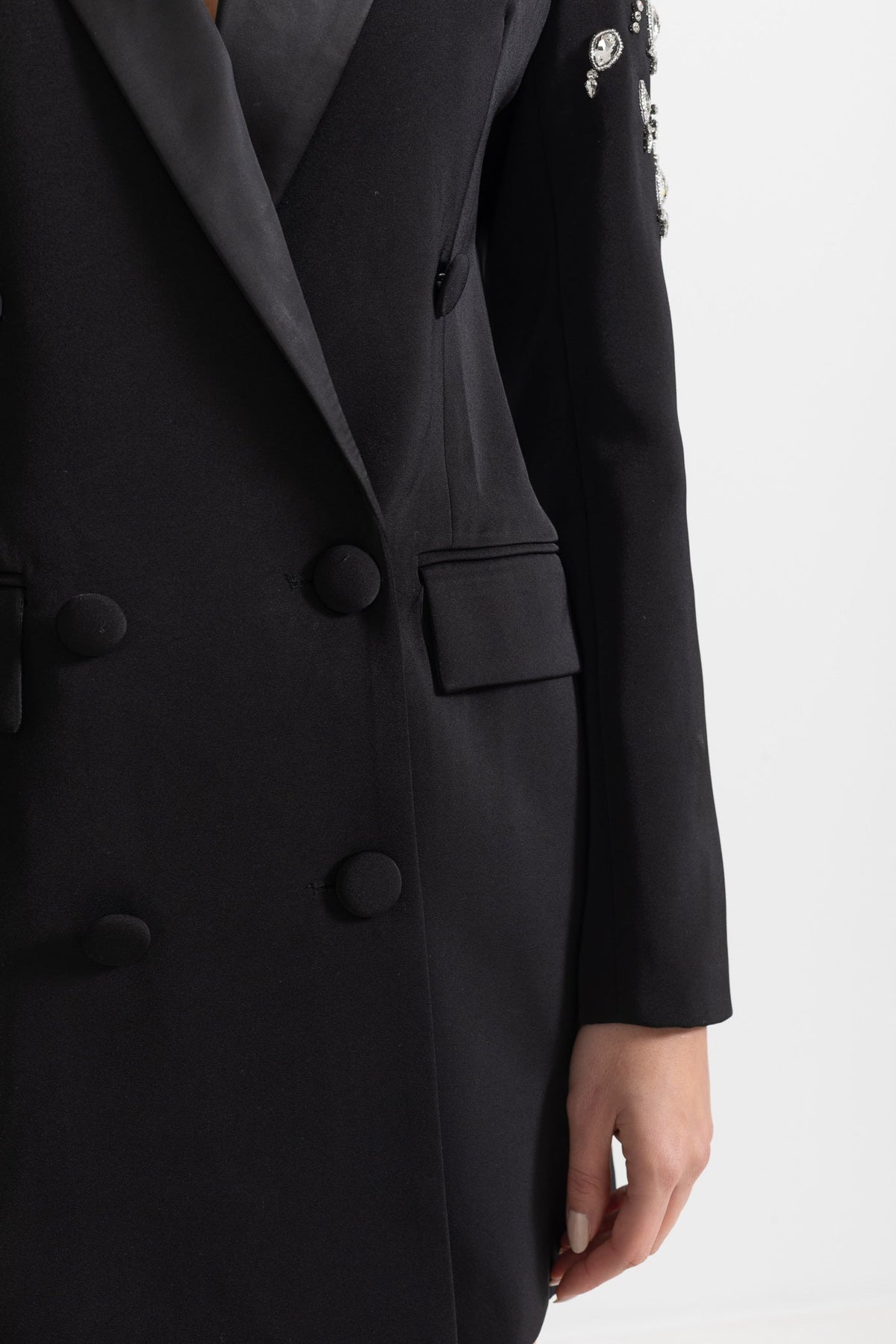 ELEGANT BLAZER WITH DIAMOND EMBELLISHED SHOULDERS - BLACK