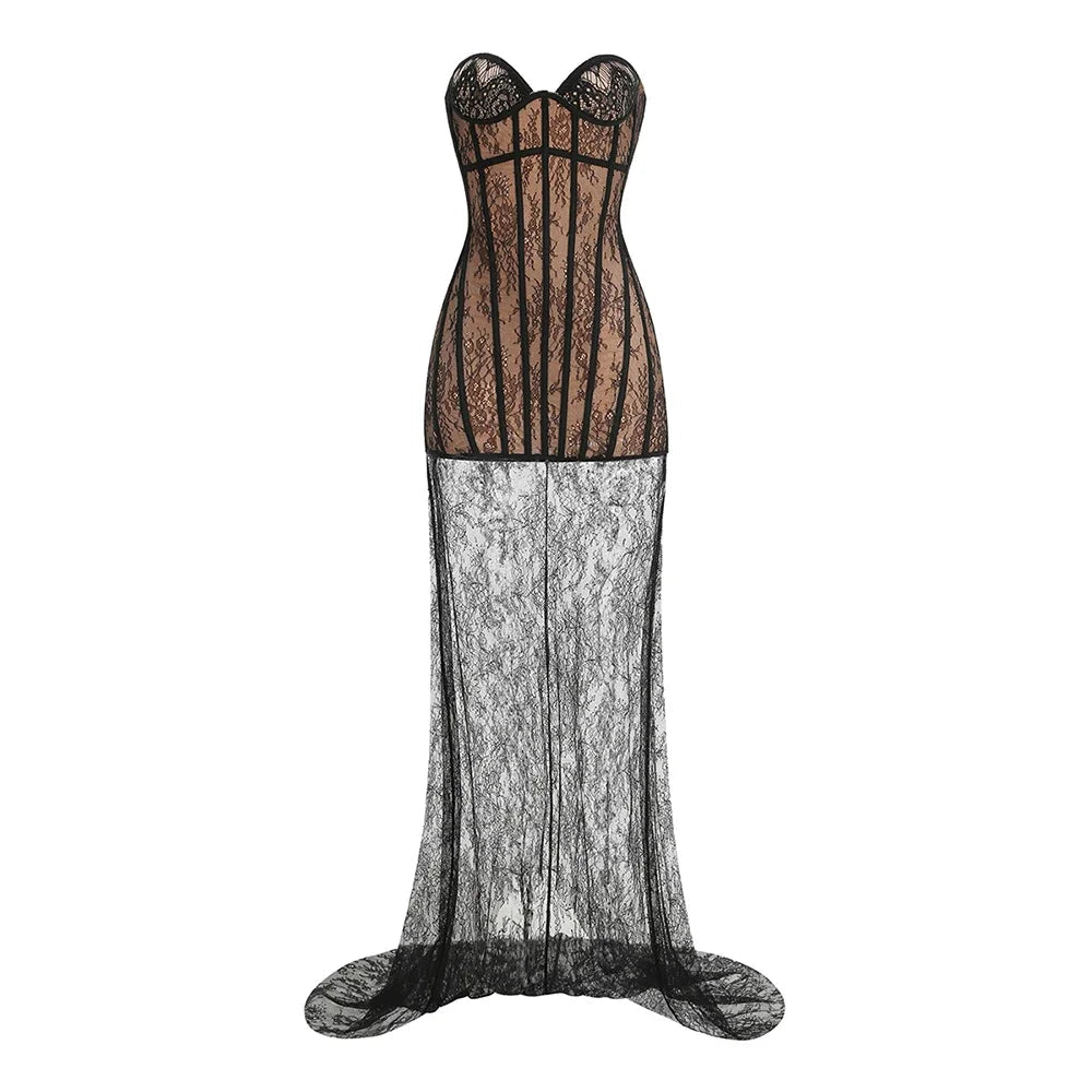 Strapless Lace Insert Maxi Dress Black